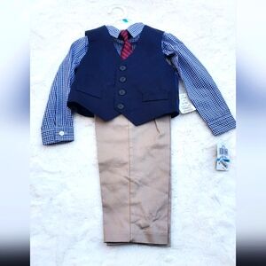 Navy Vest with Blue Checkered Shirt and Tan Pants Set Size 24m
